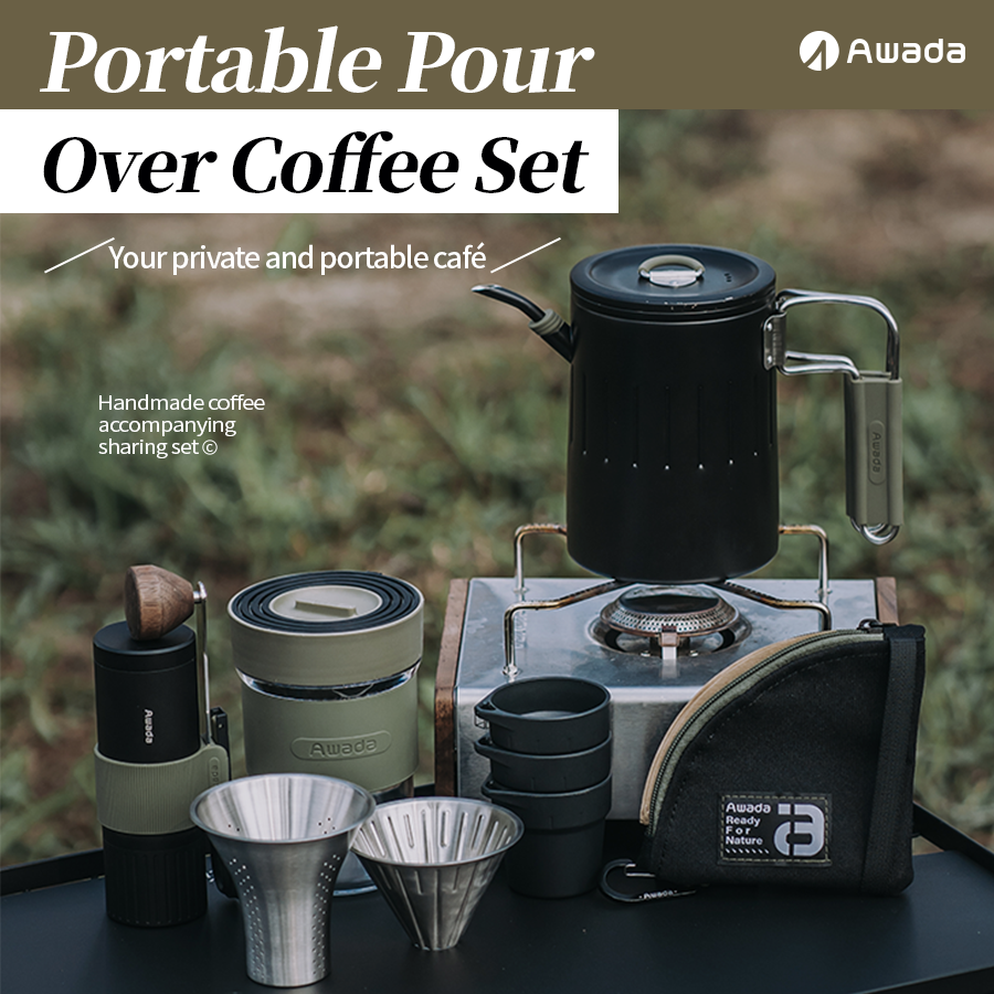 Awada Portable Hand Drip Coffee Maker โ Travel Pour-Over Coffee Set with Grinder for Camping & Office