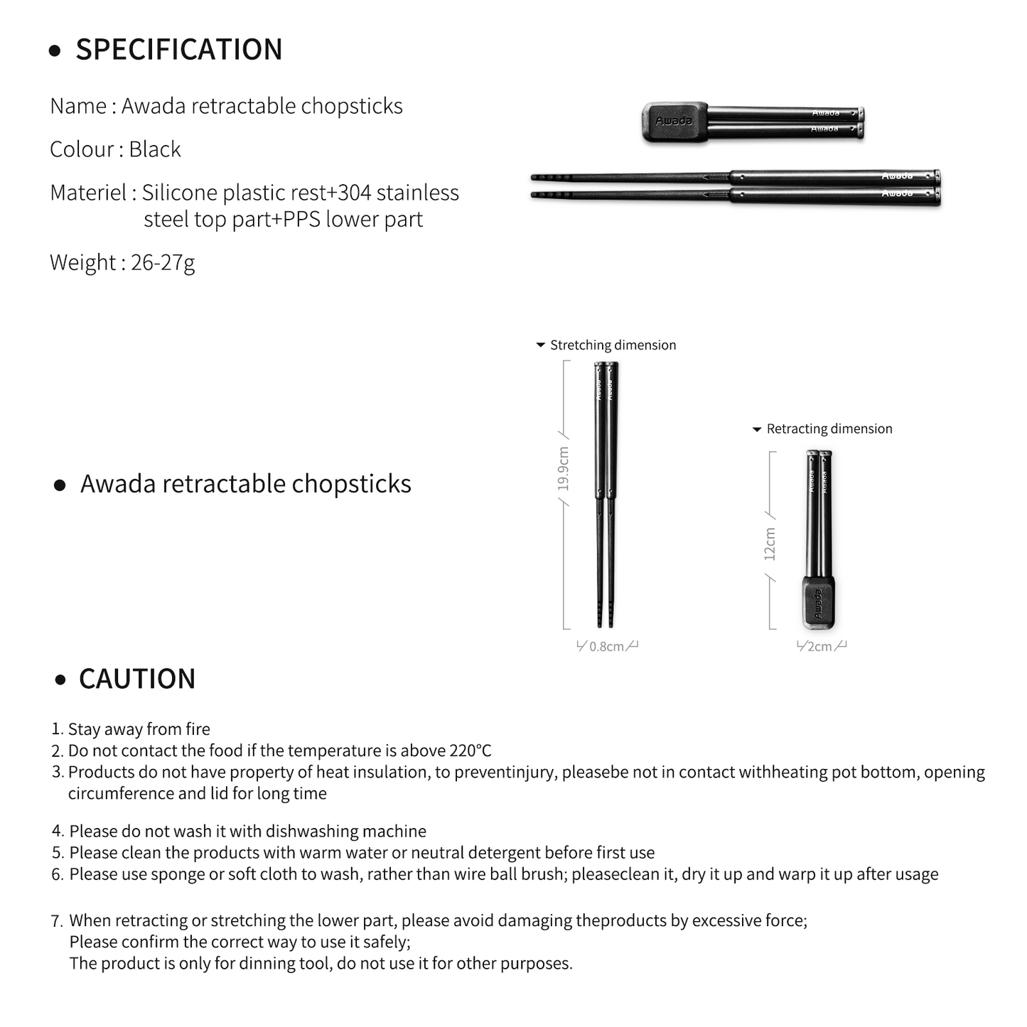 Awada Extendable Retractable Chopsticks β Durable Nylon and Stainless Steel, Compact for Travel and Camping
