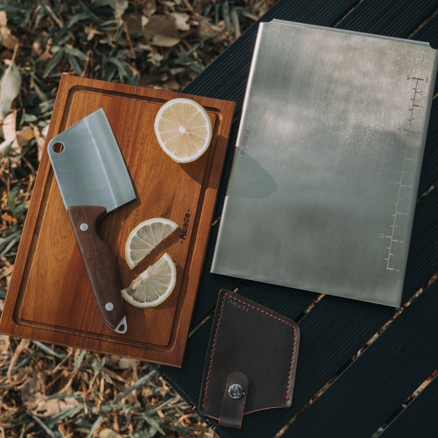 Awada Double-Sided Camping Cutting Board Set โ Stainless Steel Knife Pro Kit