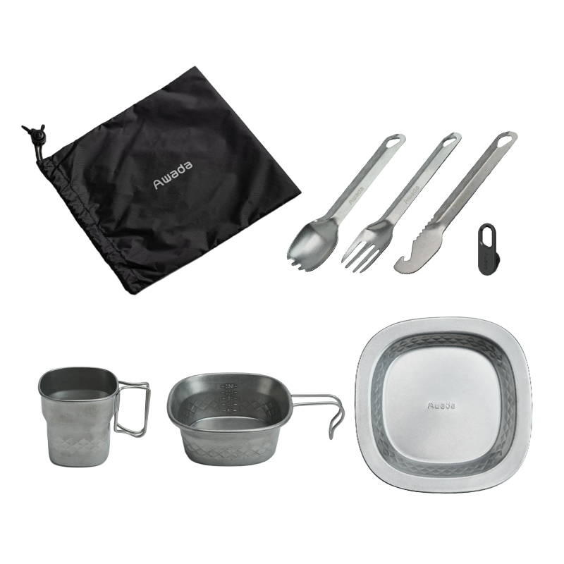 Awada 304 Stainless Steel Outdoor Tableware Set – Cup, Bowl, Plate & Camping Cutlery with Storage Bag