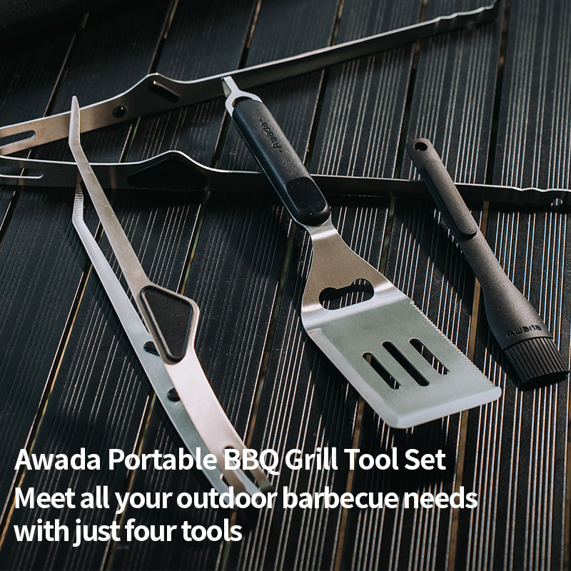 【4-in-1 BBQ Set】Awada Portable Outdoor Grill Tool Kit – Tongs, Spatula, Oil Brush & Storage Bag