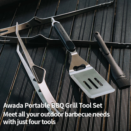 【4-in-1 BBQ Set】Awada Portable Outdoor Grill Tool Kit – Tongs, Spatula, Oil Brush & Storage Bag