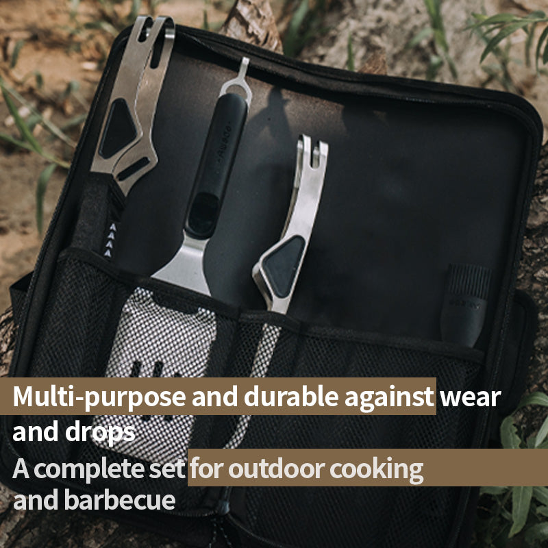【4-in-1 BBQ Set】Awada Portable Outdoor Grill Tool Kit – Tongs, Spatula, Oil Brush & Storage Bag