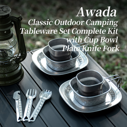 Awada 304 Stainless Steel Outdoor Tableware Set – Cup, Bowl, Plate & Camping Cutlery with Storage Bag