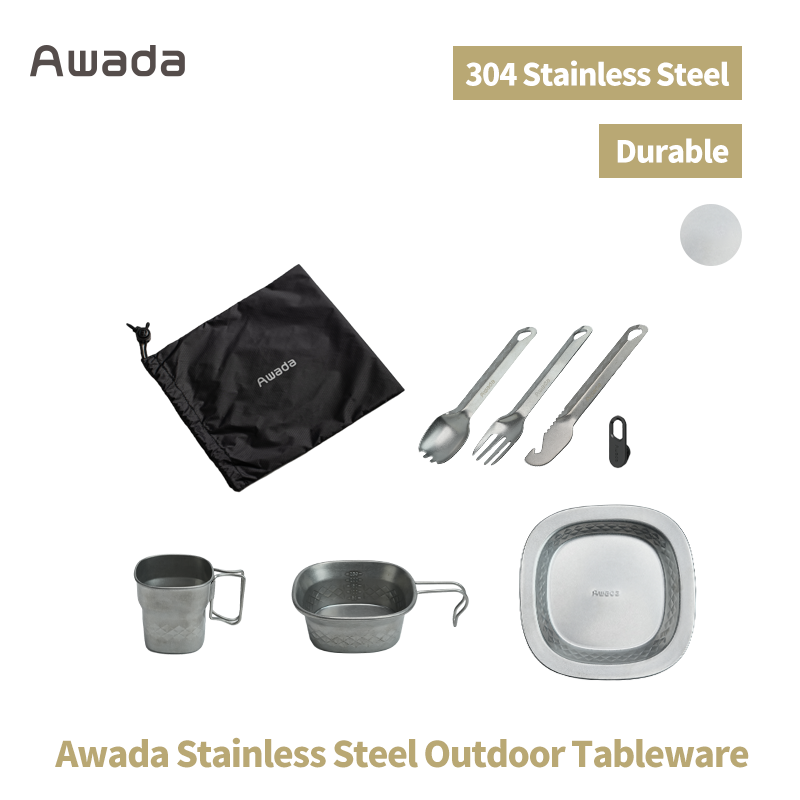 Awada 304 Stainless Steel Outdoor Tableware Set – Cup, Bowl, Plate & Camping Cutlery with Storage Bag