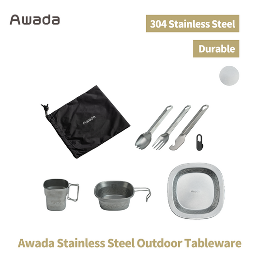 Awada 304 Stainless Steel Outdoor Tableware Set – Cup, Bowl, Plate & Camping Cutlery with Storage Bag
