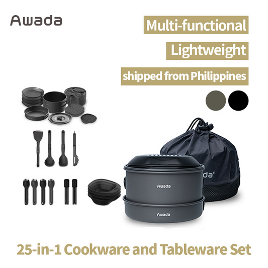 Awada【25-in-1 Cookware and Tableware Set】  Portable Camping Cookware Set Includes Pot Pan Bowl Plate Chopsticks