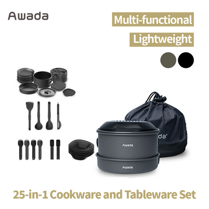 Awada 25-in-1 Portable Camping Kitchen Set – Multi-Function Cookware with Pot, Pan, Bowls, Plates and Accessories