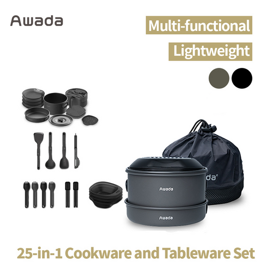 Awada 25-in-1 Portable Camping Kitchen Set – Multi-Function Cookware with Pot, Pan, Bowls, Plates and Accessories