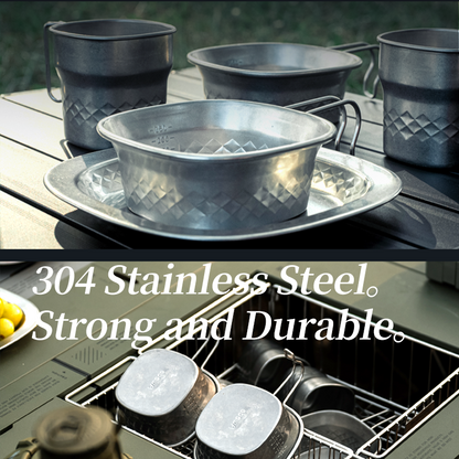 Awada 304 Stainless Steel Outdoor Tableware Set – Cup, Bowl, Plate & Camping Cutlery with Storage Bag