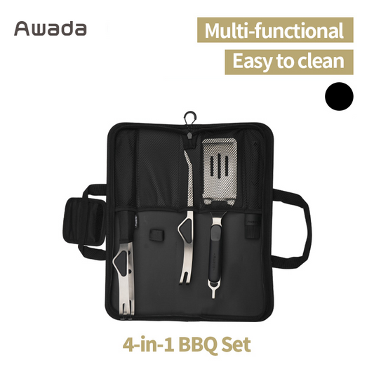 【4-in-1 BBQ Set】Awada Portable Outdoor Grill Tool Kit – Tongs, Spatula, Oil Brush & Storage Bag